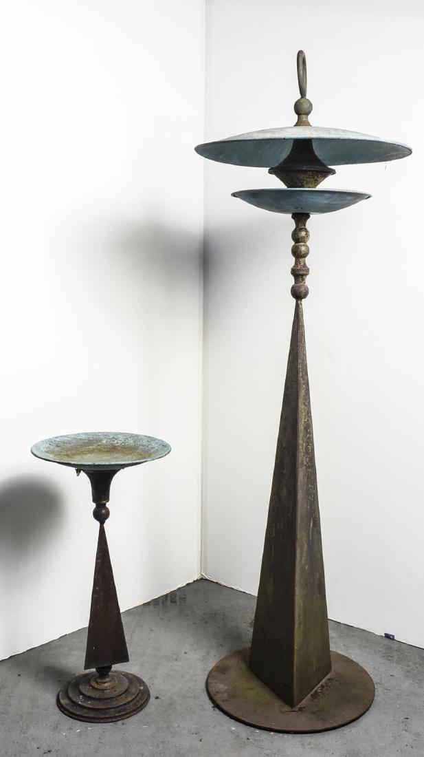 Modern Bird Feeder and Bird Bath: Contemporary design of shallow dish resting on a triangular base. Bird feeder, height 6 feet. Notice to bidders: Condition reports and additional photographs are provided by request as a courtesy to o