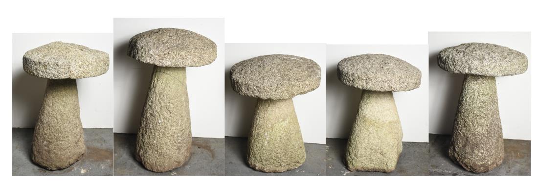 Set of Five Staddle Stones: Of typical form, various sizes. Tallest 31 1/2 inches. Notice to bidders: Condition reports and additional photographs are provided by request as a courtesy to our clients, as such any condition repor