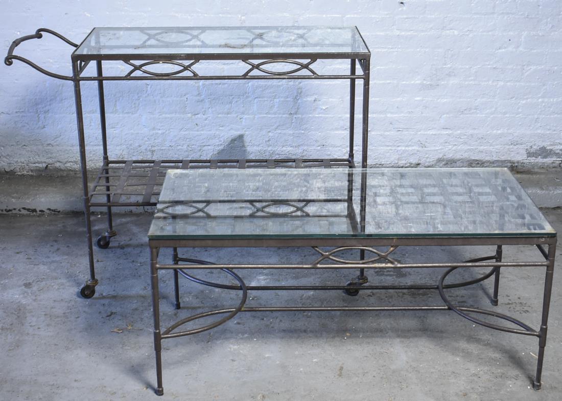 Janus et Cie Garden Tea Cart and Coffee Table: From the Amalfi collection, the two tier tea cart with glass shelves and a glass top coffee table. Cart, height 33 inches, width 18 inches, length 45 inches. Notice to bidders: Condition reports and a