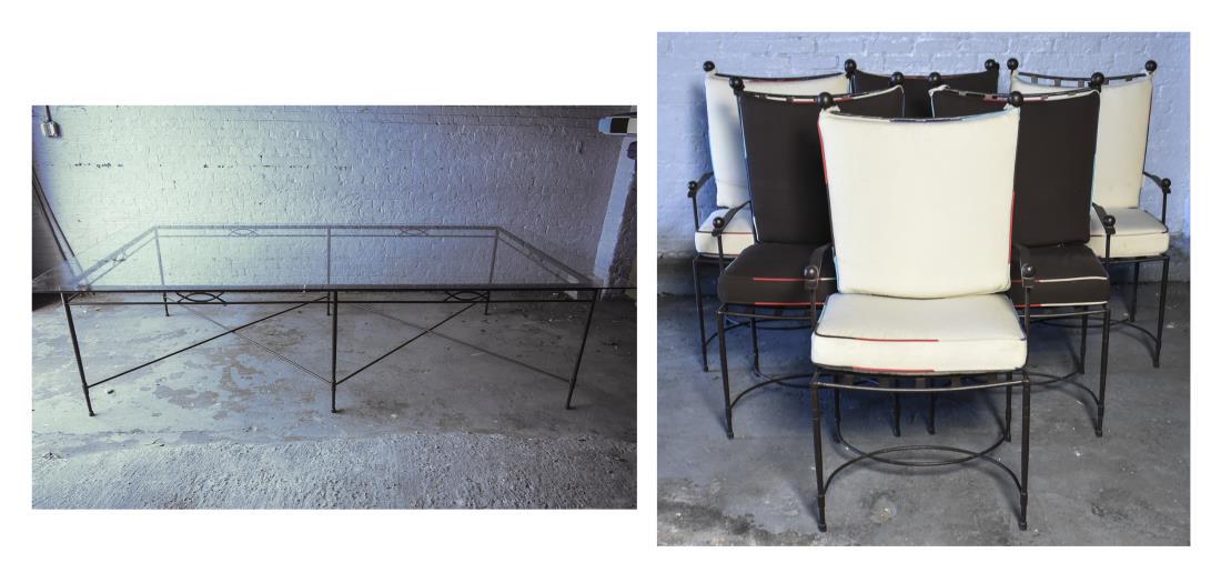 Janus et Cie Six Garden Chairs and Matching Table: From the Amalfi collection, each chair with woven metal slat back and seat and upholstered back and cushion seat, together with a glass top dining table. Table, Height 29 1/2 inches, width 60 inches,