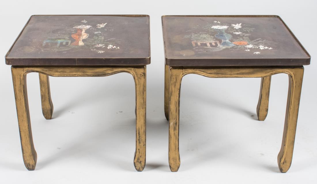 Pair of French Gold Leaf & Painted Wood Low Tables: Circa 1960, square floral decorated tops on Asian inspired bases. Height 18 1/4 inches, 19 inches square. Provenance: John Salibello, New York Notice to bidders: Condition reports and additional photo
