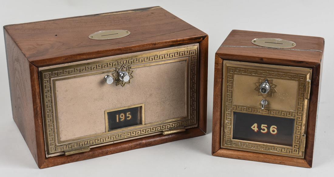 Two Post Office Box Banks: Both combination entry. Larger, height 7 1/2 inches, width12 inches, depth 9 inches. Notice to bidders: Condition reports and additional photographs are provided by request as a courtesy to our client