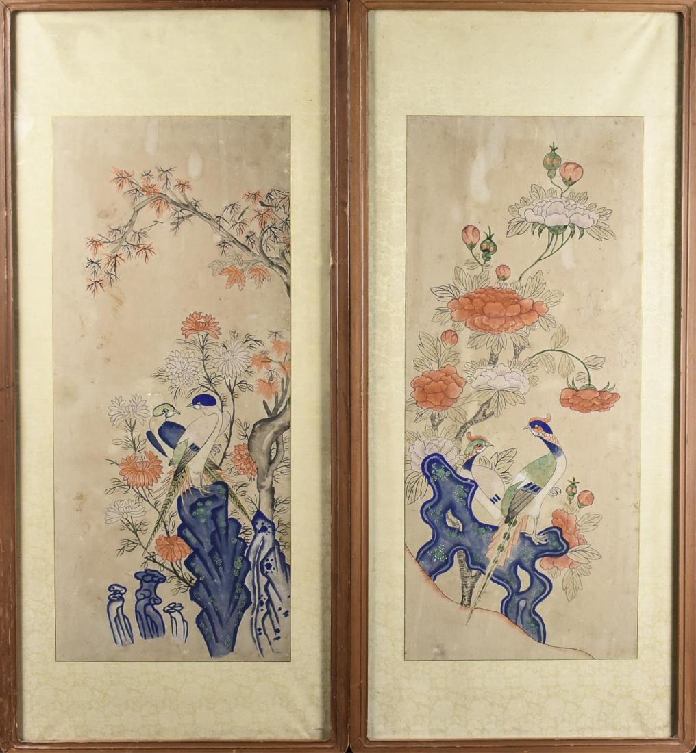 Pair of Antique Korean Ink Paintings: Birds. Ink and gouache on silk, possibly 17th century. Image size 29 x 12.5 inches. Framed. Notice to bidders: Condition reports and additional photographs are provided by request as a courtesy to our
