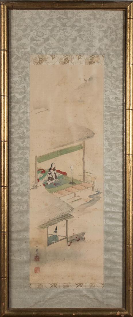 Framed Asian Scroll, Interior Scene: Woman Looking for her Lover. Gouache and ink on silk, 19th/20th century. Signed with stamp in the lower left. Image size 22 x 7.75 inches. Framed. Notice to bidders: Condition reports and additional p