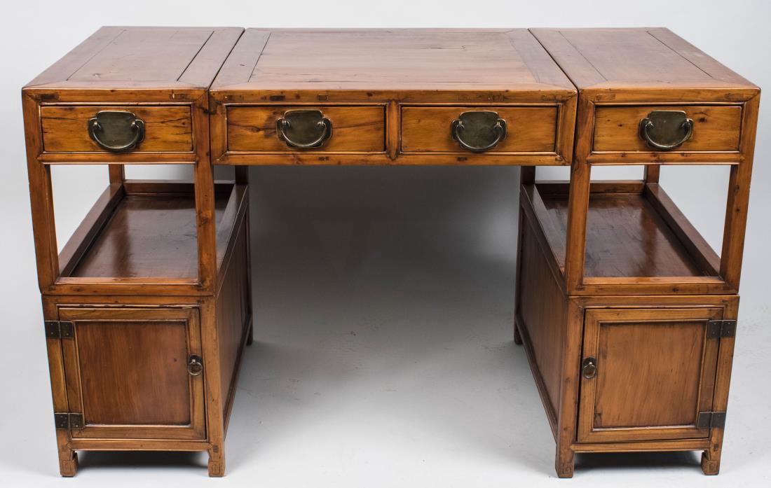 Chinese Hardwood Partners Desk: Rectangular top over three drawers, two open shelves and two cabinets. Height 32 1/2 inches, width 53 inches, depth 27 inches. Notice to bidders: Condition reports and additional photographs are provi