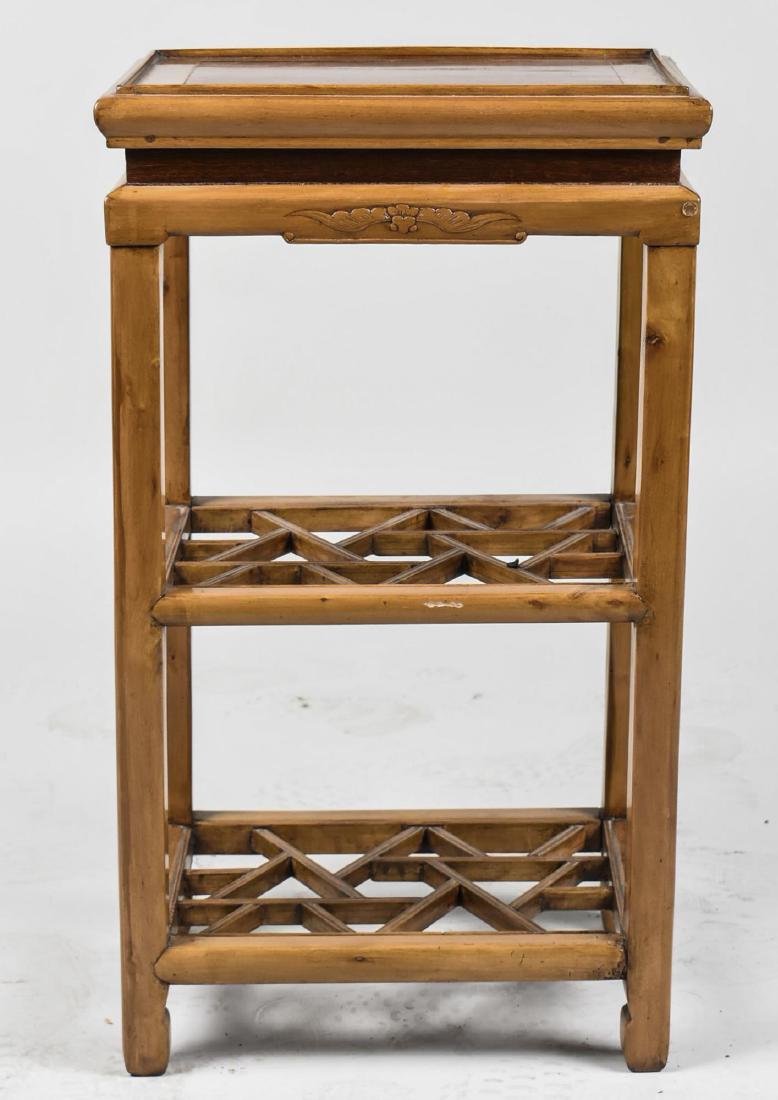 Asian Style Side Table: Tray top over two lower open design shelves. Height 28 inches, width 16 inches, depth 11 1/2 inches. Notice to bidders: Condition reports and additional photographs are provided by request as a courte