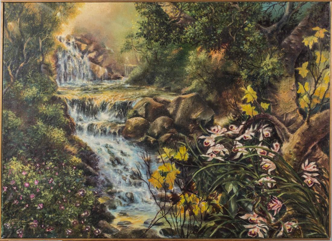 Cesar de la Cruz Llamas (20th Century): Lush Forest. Oil on canvas, 20th century. Signed and inscribed lower left. Canvas size 26 x 36 inches. Notice to bidders: Condition reports and additional photographs are provided by request as a cour