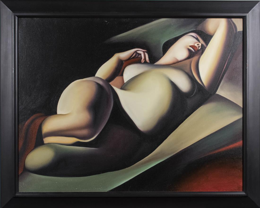 After Tamara de Lempicka, Beautiful Rafaela: Reproduction of Beautiful Rafaela. Acrylic on canvas, 20th/2st century. Overall size 35 x 28 inches. Framed. Notice to bidders: Condition reports and additional photographs are provided by request as