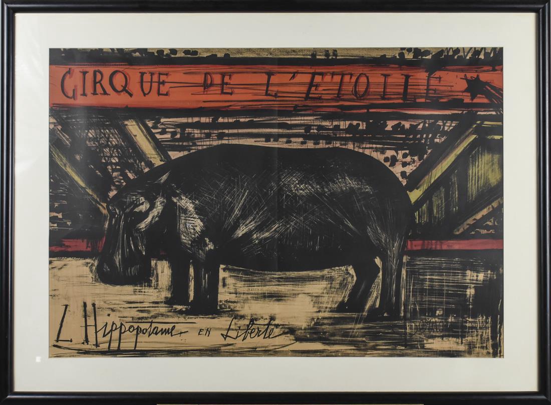 After Bernard Buffet, Mon Cirque Lithograph: L'Hippopotame en LibertÃ© (Mon Cirque). Lithograph, 20th Century. Numbered 113 on the verso. Sheet size 28 x 40 inches. Framed. Notice to bidders: Condition reports and additional photographs are pr