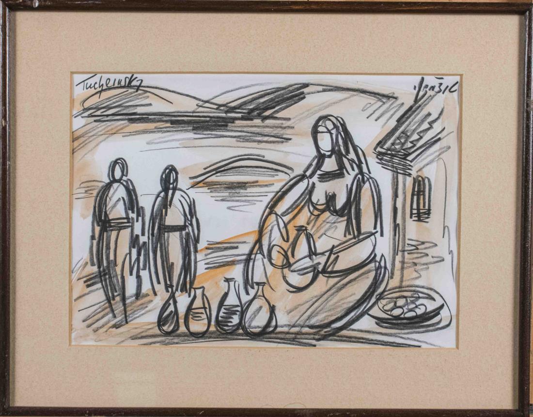 Charcoal Drawing of a Woman with Jugs in Front: Woman. Charcoal and crayon on paper, 20th century. Signed illegibly upper right and left. Sight size 9 x 13 inches. Framed. Notice to bidders: Condition reports and additional photographs are provided