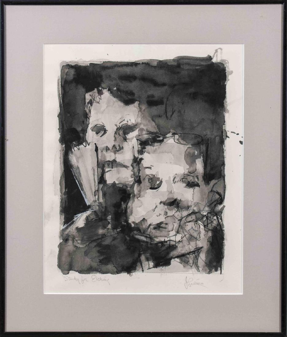 Jack Levine (American, 1915-2010): Study for Etching. Ink on paper, 20th century. Signed lower right and titled lower left. Sight size 12 x 10 inches. Matted and framed. Notice to bidders: Condition reports and additional photographs a