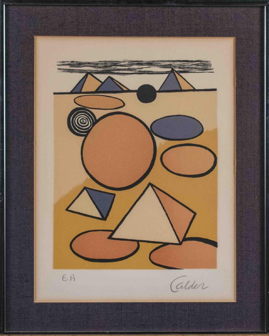 Alexander Calder (American, 1898â€“1976): Pyramids and Circles. Lithograph, circa 1975. Signed lower right, with 'E.A' lower left. Sight size 15 x 11.5 inches. Matted and framed. Notice to bidders: Condition reports and additional photographs