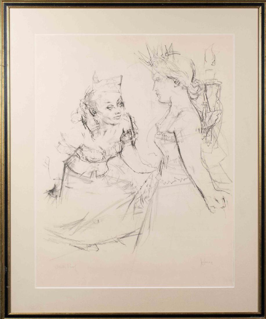 Jack Levine (American, 1915-2010): Marianne and the Goddess of Liberty. Lithograph, 1967. Signed lower right .J. Levine', and designated as 'Artist Proof' lower left. Printed by Atelier Mourlot, New York. Sight size 28 x 22 inches. Mat