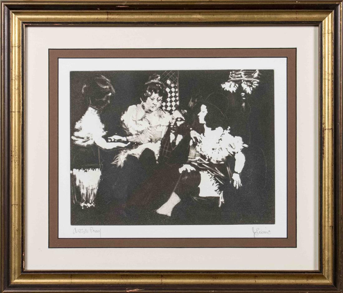 Jack Levine (American,1915-1980): Tun Bridge Alley. Etching and aquatint on paper, 1992. Signed lower right, and labeled 'Artist Proof' lower left. Sight size 10 x 13 inches. Matted and framed. Notice to bidders: Condition reports and