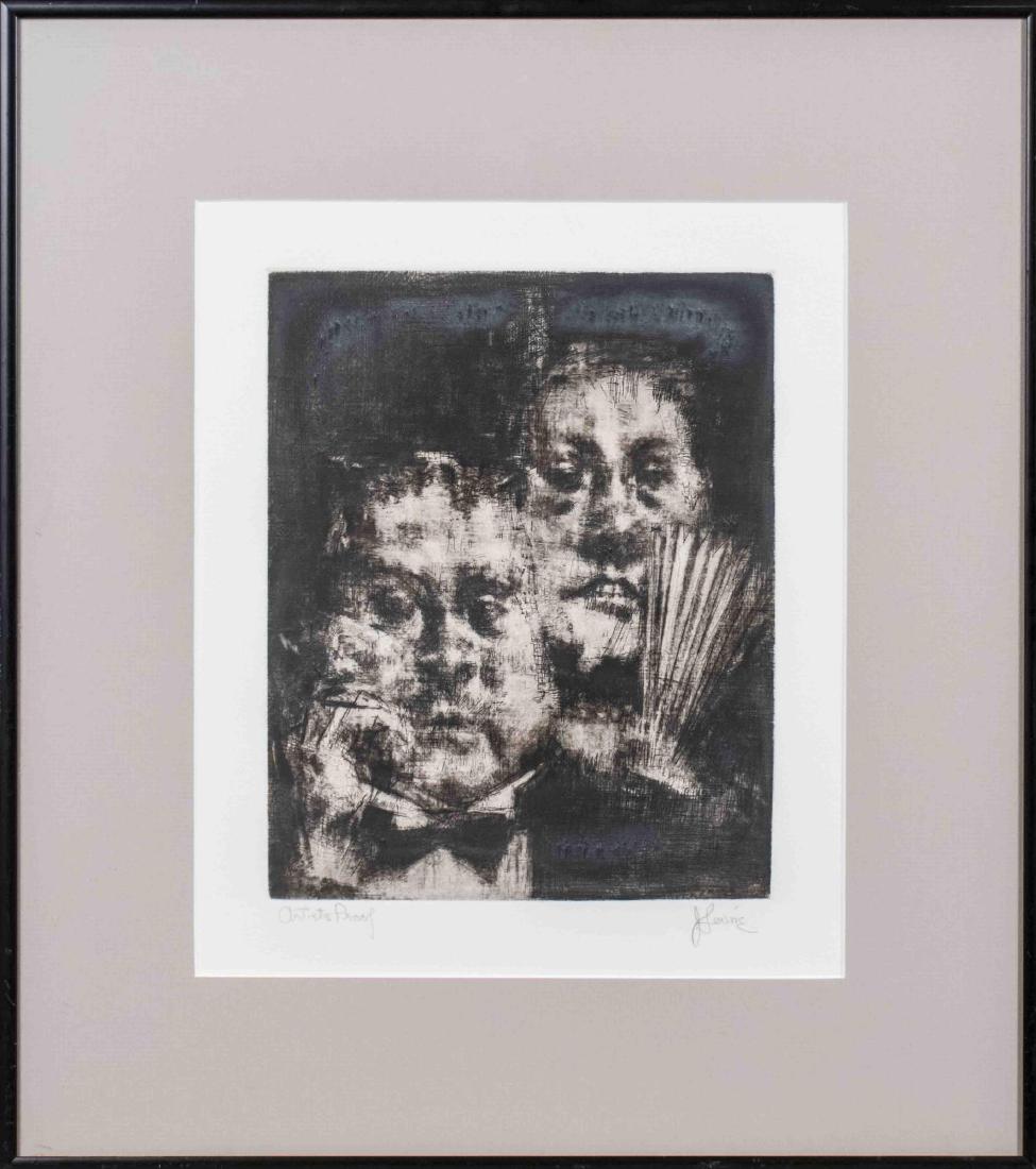 Jack Levine (American, 1915-2010): Eye of the Beholder. Etching, 1986. Signed lower right and designated 'Artists Proof' lower left. Sight size 12 x 10 inches. Matted and framed. Notice to bidders: Condition reports and additional phot