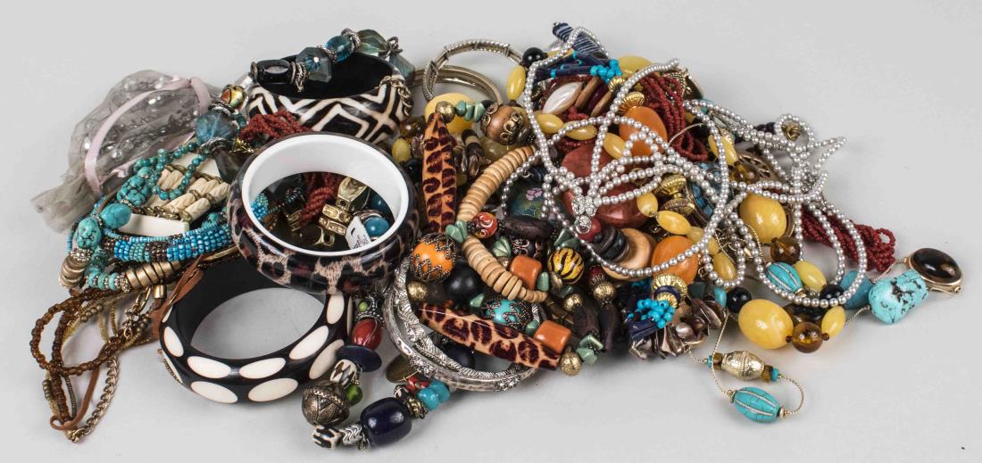 Group of Costume Jewelry: Mostly bead necklaces, some bracelets, bangles and pins. Notice to bidders: Condition reports and additional photographs are provided by request as a courtesy to our clients, as such any condition rep