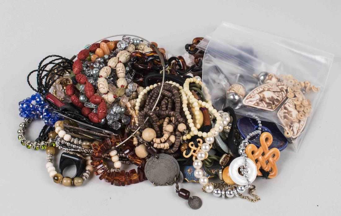 Group of Costume Jewelry: Mostly bead necklaces, some bracelets, bangles and pins. Notice to bidders: Condition reports and additional photographs are provided by request as a courtesy to our clients, as such any condition rep