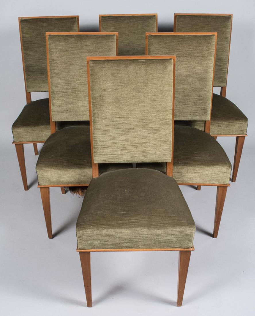 Set of Six French Dining Chairs: Circa 1940, attributed to Jacques Adnet, rectangular upholstered backs and seats, tapered square legs. Height 39 inches, width 18 1/2 inches, depth 21 inches. Notice to bidders: Condition reports and