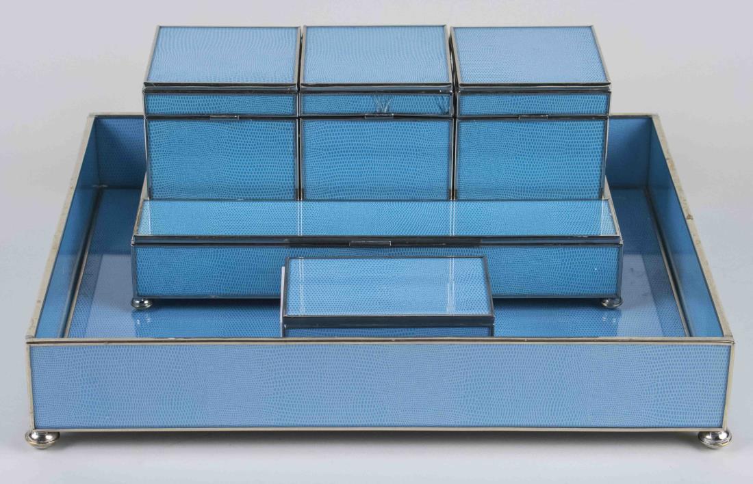 Simulated Shagreen Desk Set: Tray with boxes, in simulated blue shagreen decoration. Tray, height 3 inches, width 15 1/2 inches, depth 12 1/4 inches. Notice to bidders: Condition reports and additional photographs are provided by