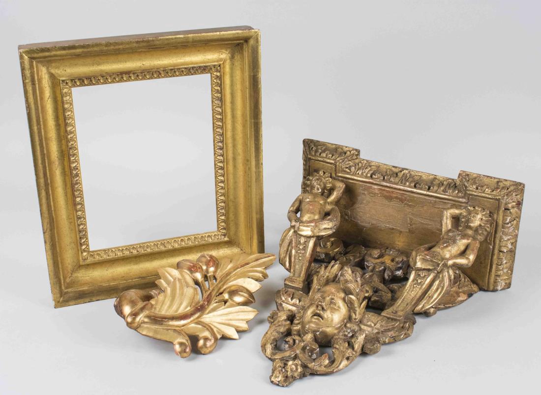Gilt Wood Bracket, Frame and Ornament: Neoclassical style, with figure, scroll and mask decoration. Bracket, height 16 inches, width 15 inches, depth 7 1/4 inches. Notice to bidders: Condition reports and additional photographs are provide