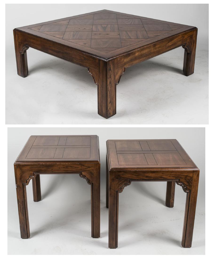 Pair of Fruitwood Lamp Tables & Coffee Table: Each with rectangular top on block legs, the coffee table with a square parquetry style top, on block legs. Pair of tables, height 23 inches, width 27 inches, depth 22 inches. Notice to bidders: Condi