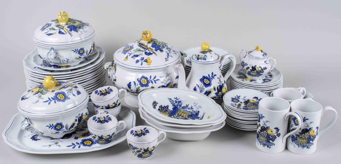 Spode Stoneware Dinner Service: Blue Bird pattern, comprising fourteen dinner plates, fourteen salad plates, thirteen bread plates, twelve cups and saucers, twelve mugs, three covered entree dishes. Dinner plate, diameter 10 1/2 inc