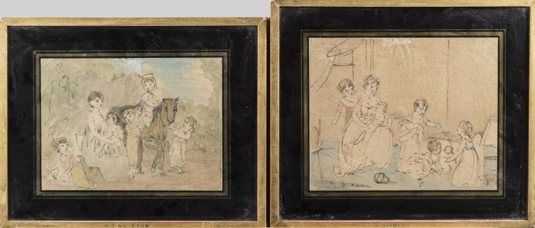 Pair of Watercolors by Henry Singleton: Henry Singleton (British, 1766 - 1839). Watercolor on paper. H. Singleton printed on the frame and biographical information on the artist attached to the verso. Sight size 7 x 9 inches. Framed. Notice