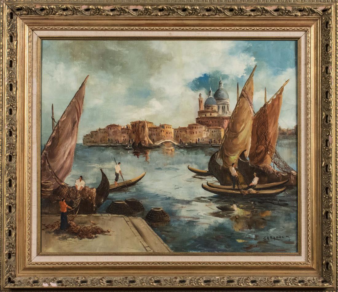 Marcel Caradec (French, 1901-1998): Sailboats in the Harbor. Oil on canvas, 20th century. Signed lower right. Canvas size 31 x 26.5 inches. Framed. Notice to bidders: Condition reports and additional photographs are provided by request 