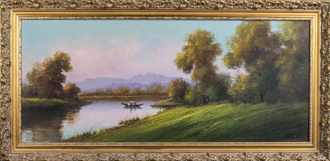Continental School (20th Century): Belgian Landscape with Sunset. Oil on canvas, 1960s-1970s. Signed illegibly lower right. Canvas size 20 x 46 inches. Framed. Notice to bidders: Condition reports and additional photographs are provide