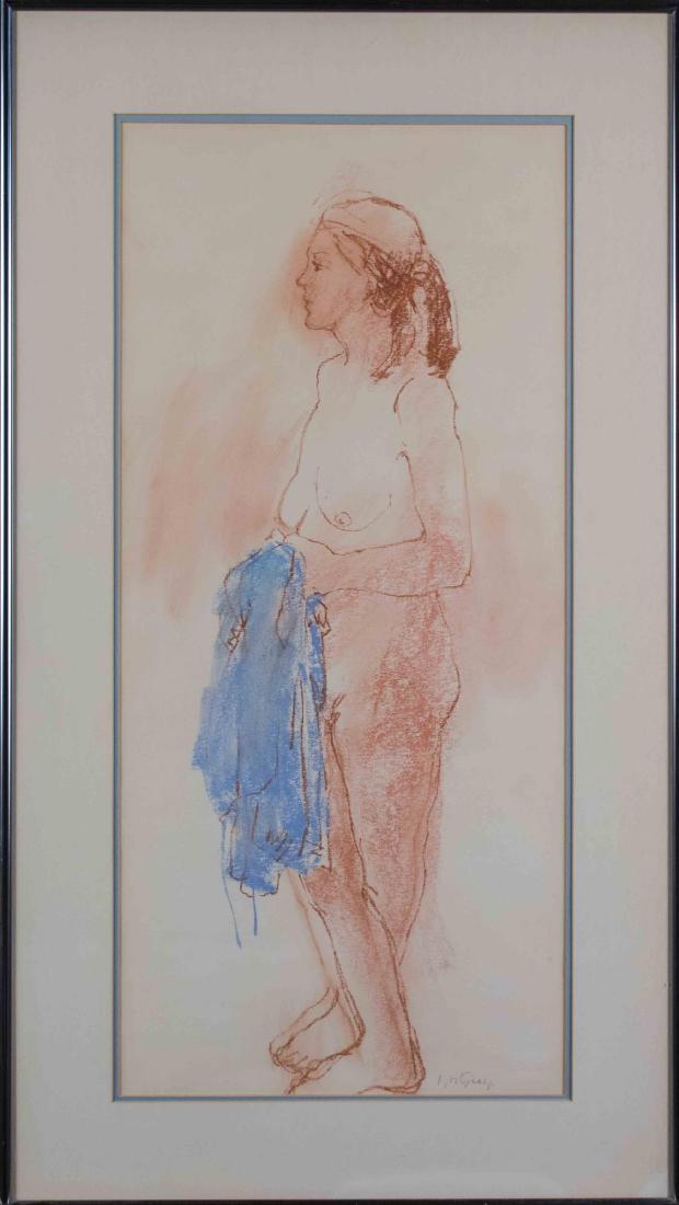 H. M. Guy (American, 20th Century): Nude woman holding a towel. Conte crayon on paper, 20th century. Signed in pencil lower right. Sight size 26 x 12 inches. Framed. Notice to bidders: Condition reports and additional photographs are pr