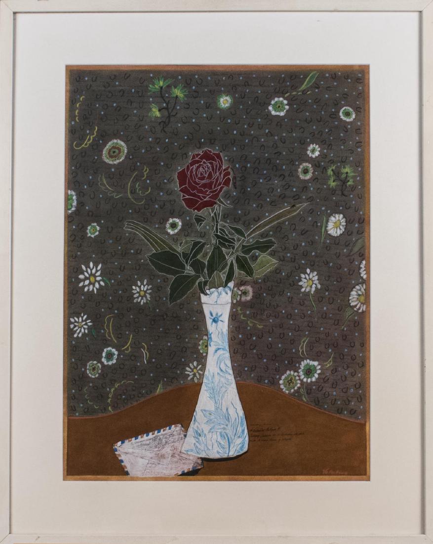 Valentino Cortazar (Colombian, b. 1949): Rose. Ink and pastel on paper, 20th century. Signed lower right. Sight size 24 x 17 inches. Framed. Notice to bidders: Condition reports and additional photographs are provided by request as a courtes