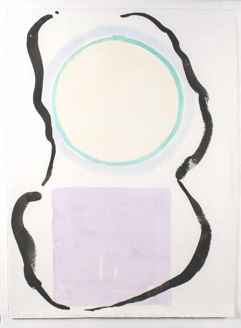 Hans Hokanson (Swedish, 1925 - 1997): Abstract composition. Watercolor on paper, 1982-1983. Inscribed '36. II Portrait of a singer sewing machine as a black walnut base' with date and illegible signature. Sheet size 32 x 23 inches. Notice