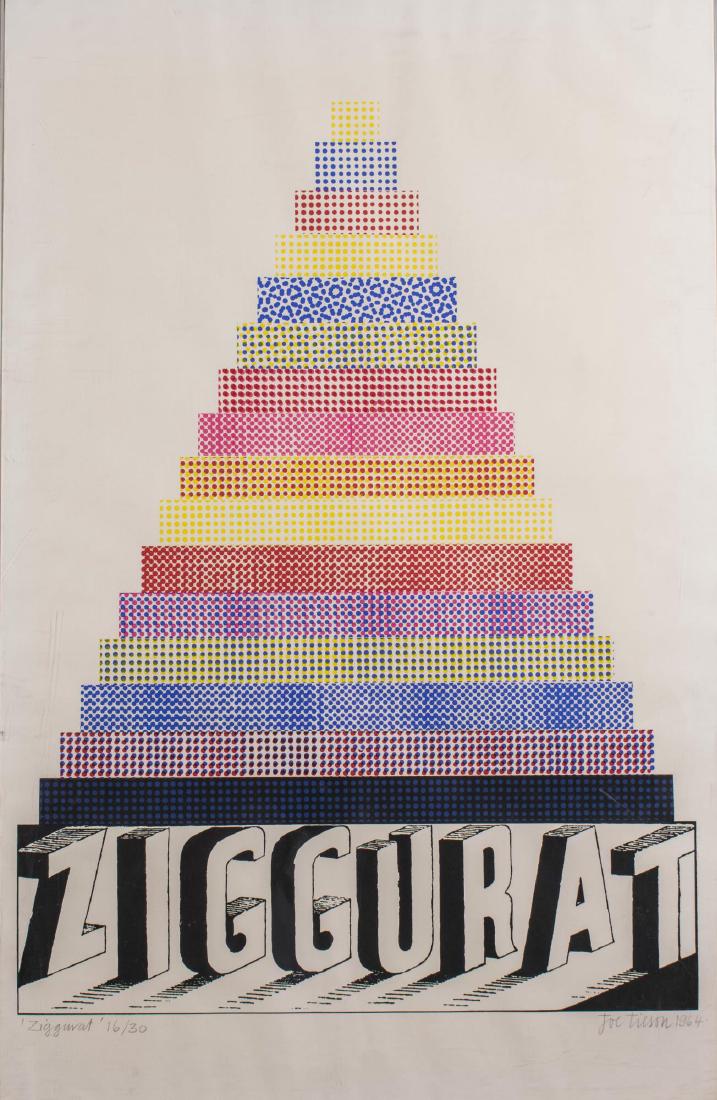 Joe Tilson (American, b. 1928): Ziggurat. Lithograph, 1964. Signed and dated lower right and numbered 16/30 with title lower left. Size 36 x 23 inches. Framed. Notice to bidders: Condition reports and additional photographs are prov