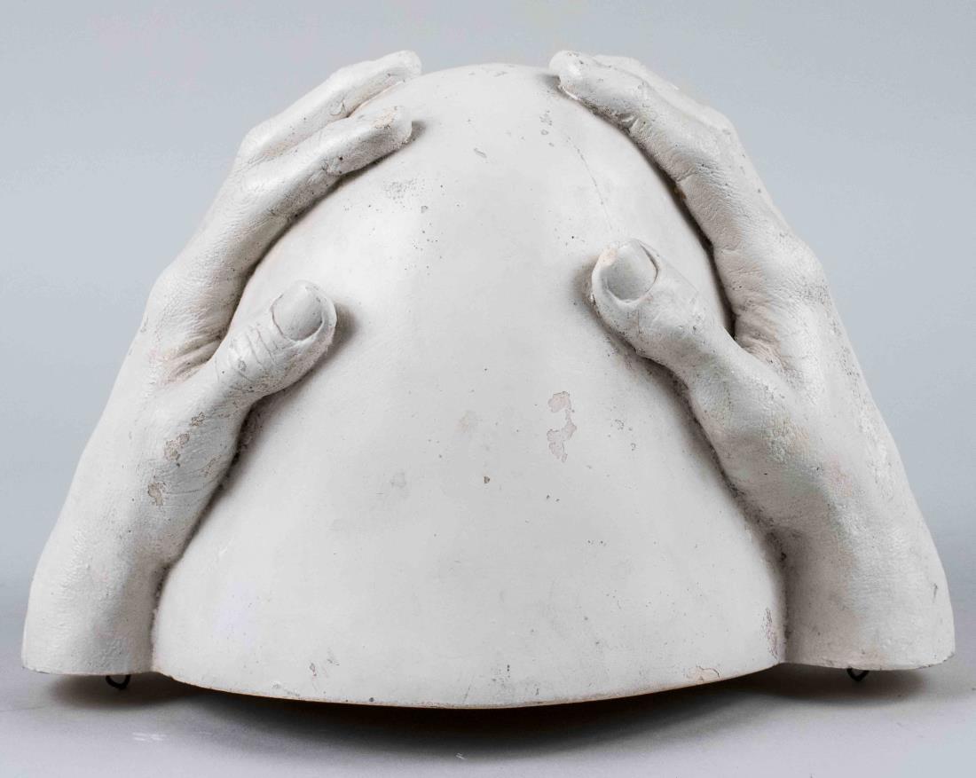 Richard Etts (American, 20th/21st Century): Hands grasping dome. Plaster, 1971. Signed, dated and numbered 47/300. Height 8.5 inches. Notice to bidders: Condition reports and additional photographs are provided by request as a courtesy to our c