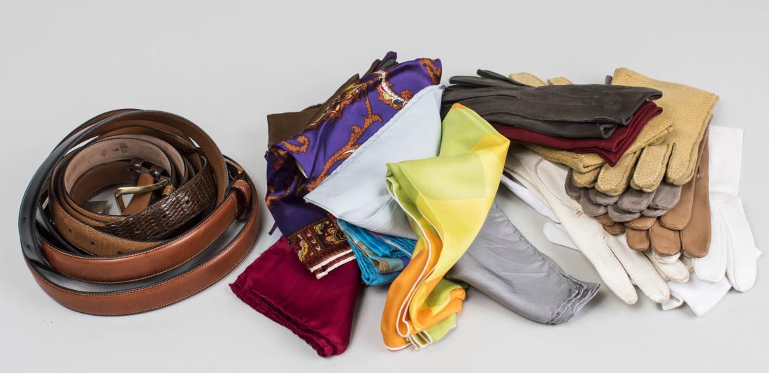 Group Vintage Belts, Gloves & Gentleman's Scarves: Leather belts, various styles of scarves and dress gloves. Largest belt, 40. Notice to bidders: Condition reports and additional photographs are provided by request as a courtesy to our clients, as su