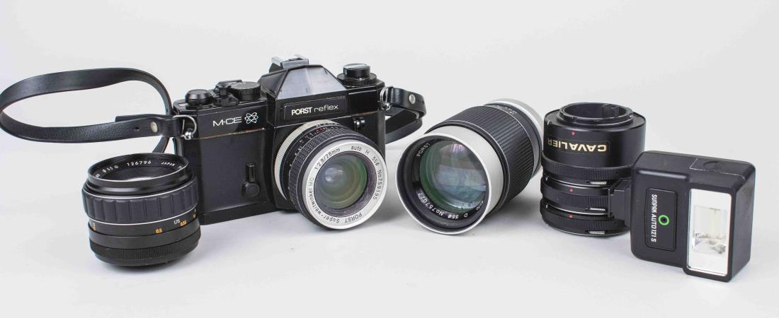 1975 Porst Reflex Camera: Three prime lenses. 28mm 55mm 135mm Notice to bidders: Condition reports and additional photographs are provided by request as a courtesy to our clients, as such any condition report is only an opinio