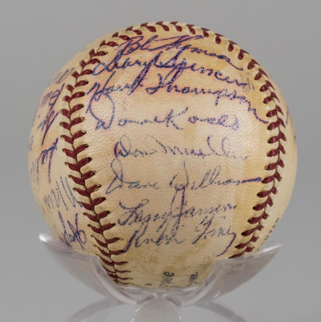 1953 New York Giants Team Signed Ball: Featuring twenty seven signatures, including W. Lockman, B. Thomson, T. Gilbert, A. Dark, S. Maglie, H. Thompson, D. Koslo, D. Mueller and hall of famers W. Mays, M. Irvin and H. Wilhelm, etc. as well