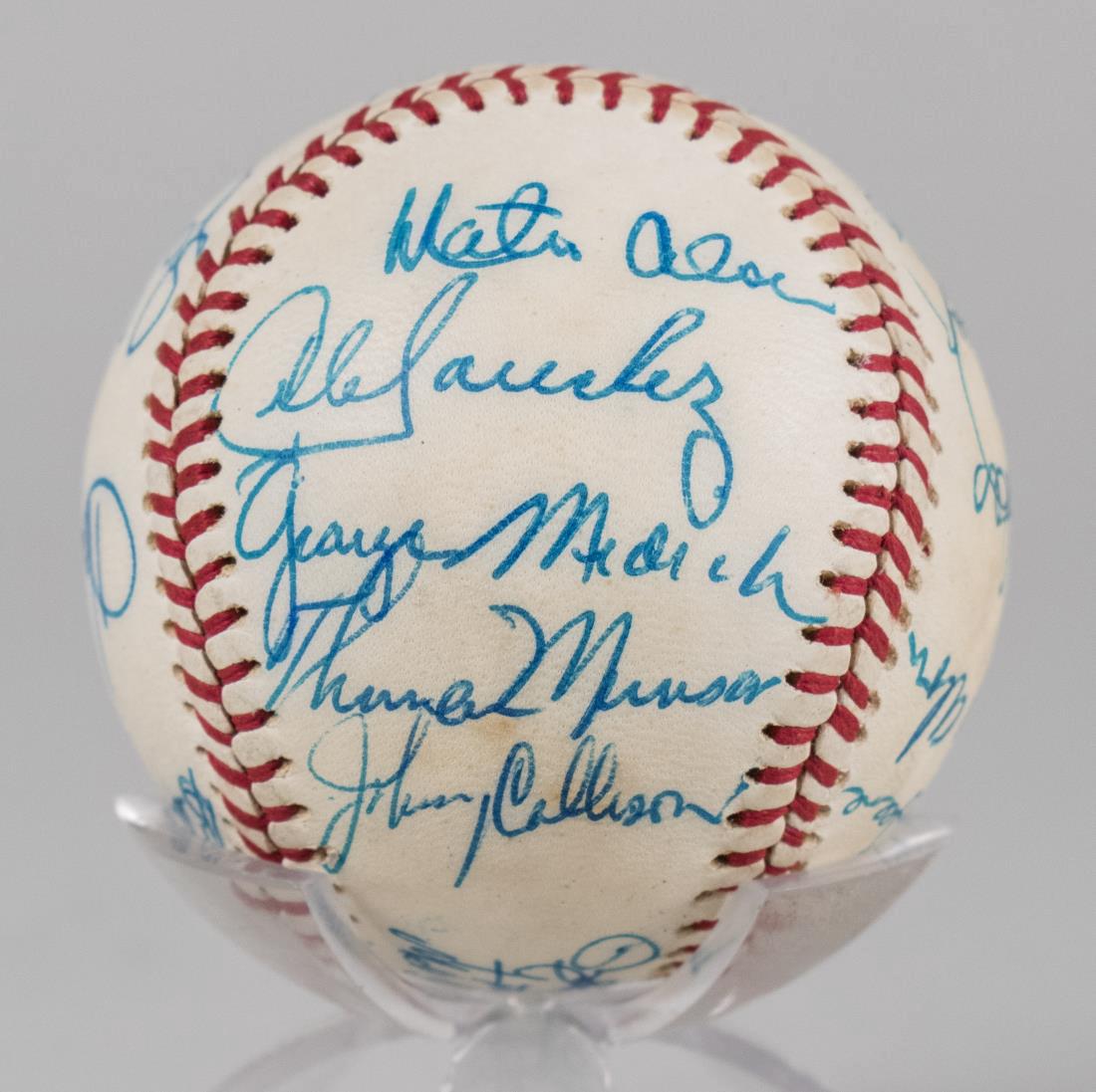 1973 New York Yankees Team Signed Ball: Featuring twenty signatures, including T. Munson, B. Mercer, G. Nettles, F. Alou, S. Lyle, L. McDaniel, H. Clarke, R. Blomberg, J. Callison, C. Sanchez, R. White, M. Stottlemyre, F. Peterson, etc. as 