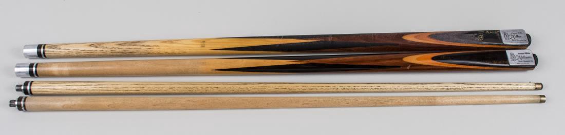 Two PowerGlide Snooker/Pool Cues: Each a Rex Williams World Champion two piece cue, each with soft case. Notice to bidders: Condition reports and additional photographs are provided by request as a courtesy to our clients, as such any