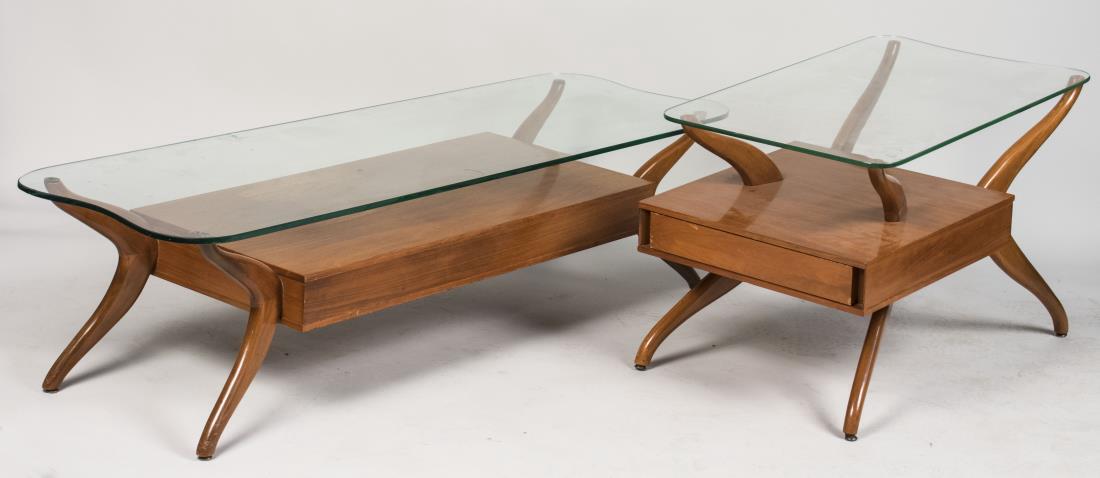 Glass Top Coffee Table and End Table: Each with a glass top on scrolled supports above a lower shelf with drawers. Height 15 inches, width 60 inches, depth 20 inches. Notice to bidders: Condition reports and additional photographs are pro
