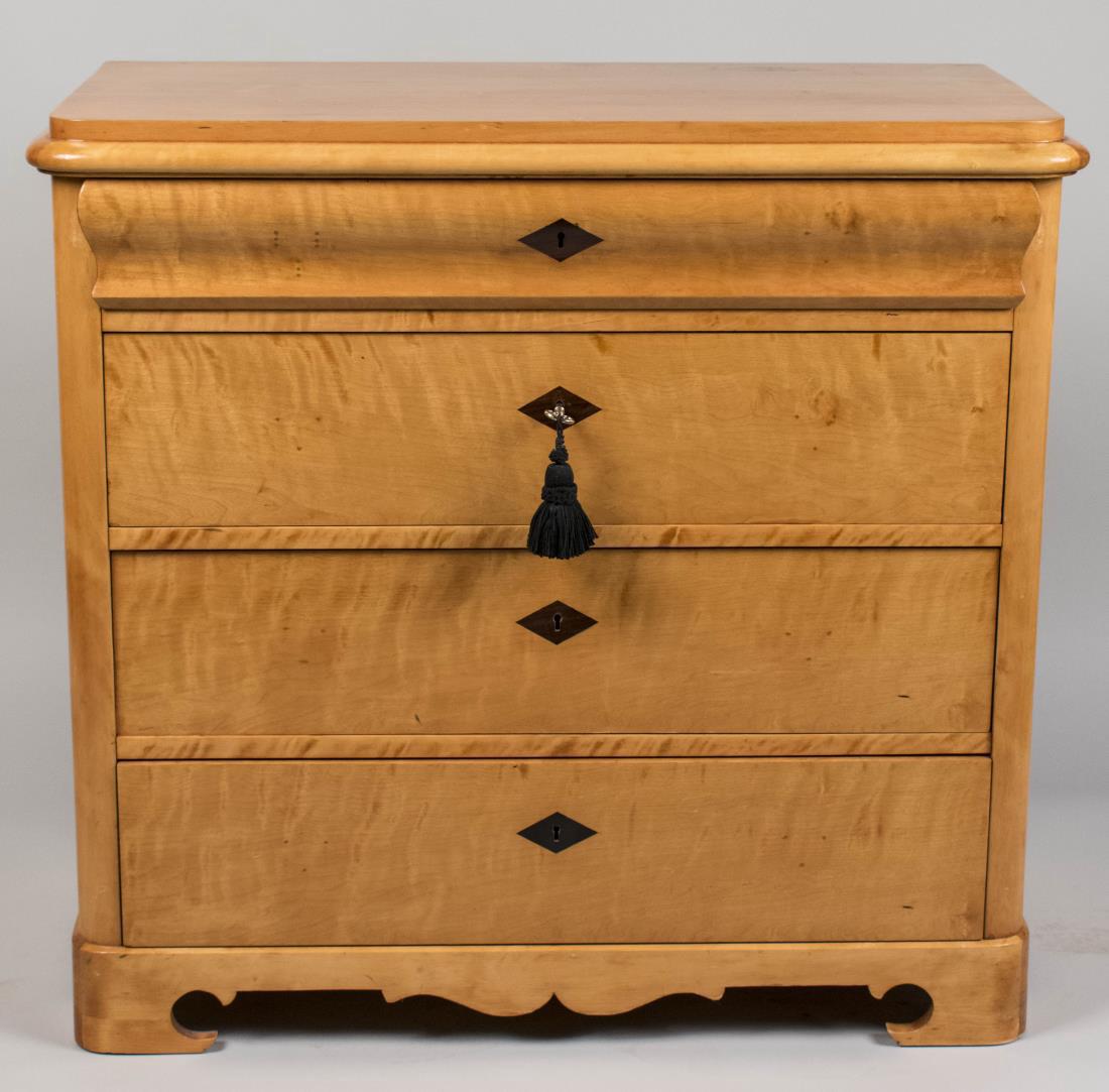 Biedermeier Chest of Drawers: Rectangular top with molded edge over an ogee molded top drawer and three long drawers, scrolled apron and bracket feet. Height 35 inches, width 37 inches, depth 18 1/2 inches. Notice to bidders: Cond