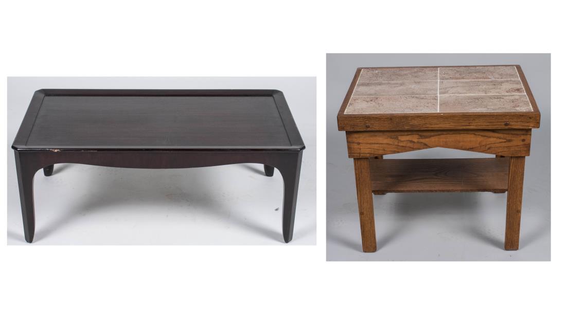 Two Wood Coffee Tables: One with rectangular top with slightly raised edge on tapered legs, height 13 1/2 inches, width 34 1/2 inches, depth 18 1/4 inches; the other, has a top with six rectangular marble tiles, block legs j