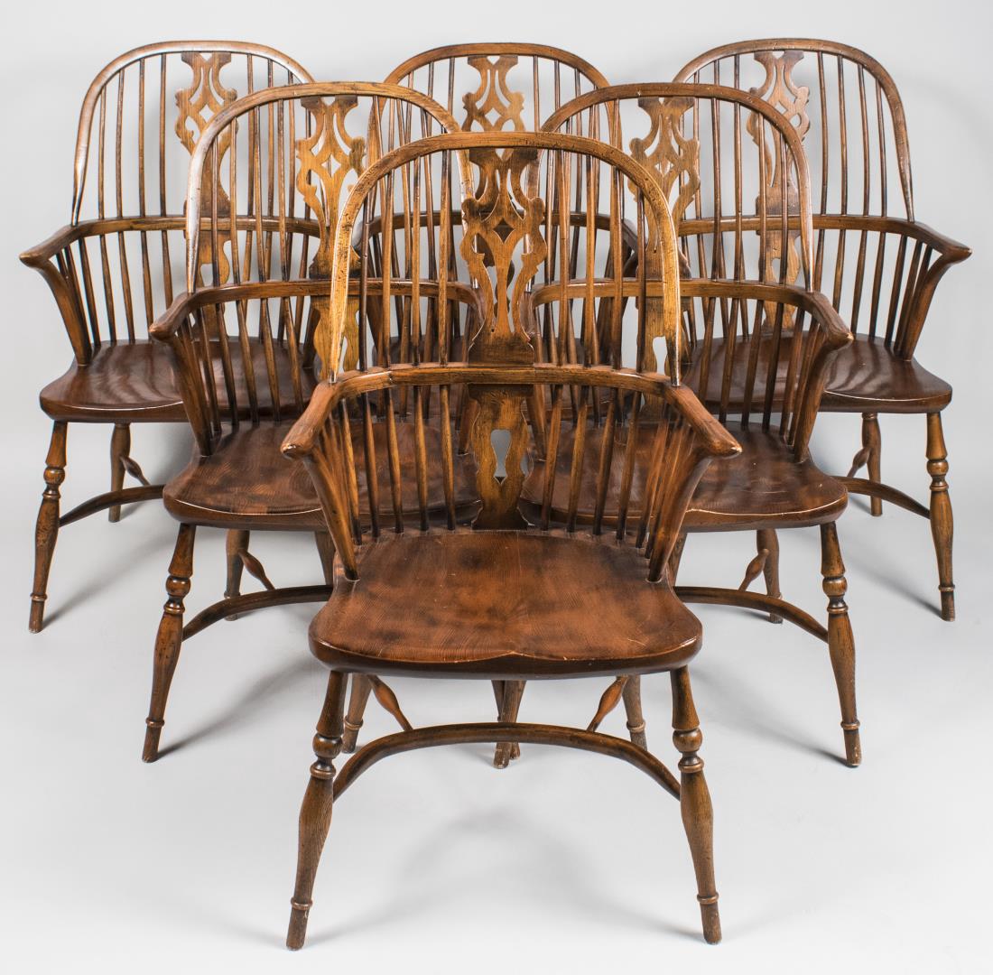 Set of Six Windsor Chairs: Sack back style chairs. Height 41 inches, width 24 inches, depth 20 inches. Notice to bidders: Condition reports and additional photographs are provided by request as a courtesy to our clients, as suc