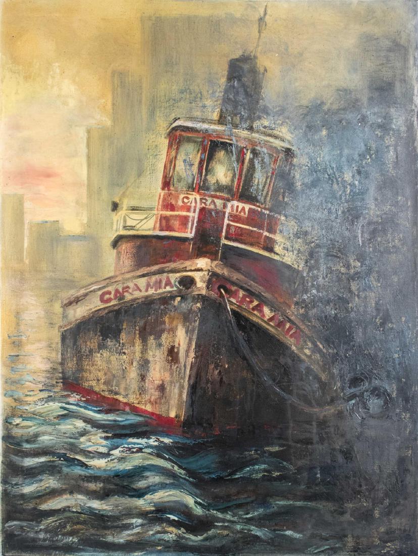 Heli Lilies (Estonian, 20th Century): Ship at Sea. Oil on canvas, 20th century. Informational label on verso. Canvas size 40 x 30 inches. Notice to bidders: Condition reports and additional photographs are provided by request as a courtes