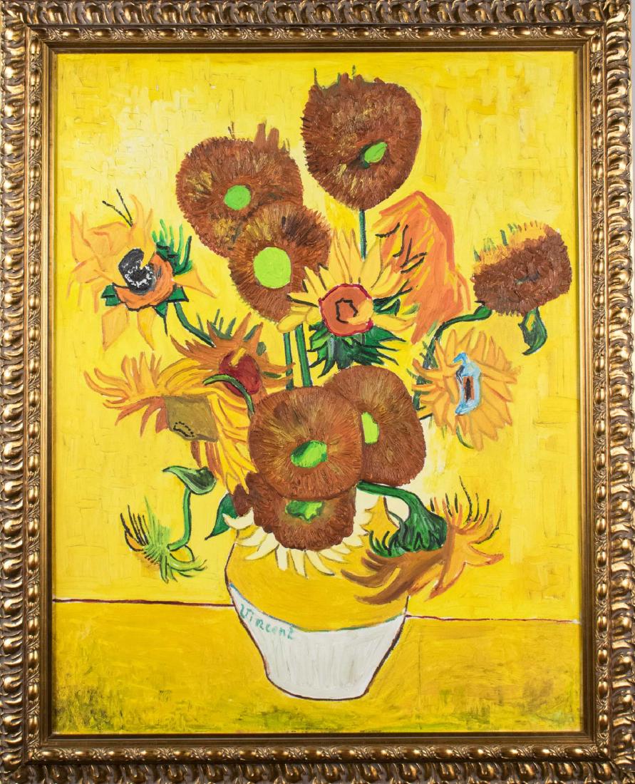 After Vincent Van Gogh, Sunflowers: Reproduction of Sunflowers. Oil on canvas, 20th century. Signed in the fashion of Van Gogh lower left. Canvas size 36 x 27 inches. Framed. Notice to bidders: Condition reports and additional photograp