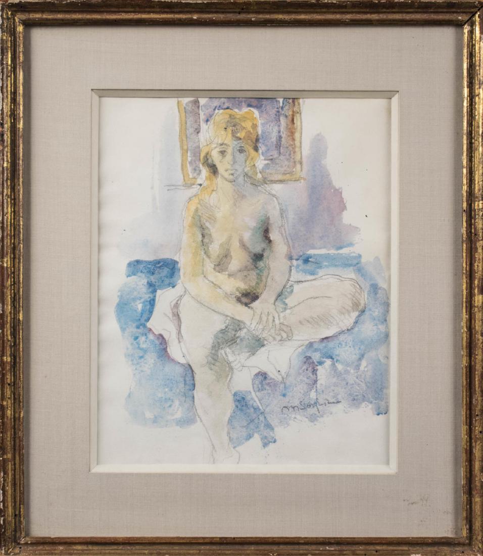 Moses Soyer (American, 1899 - 1974): Nude. Watercolor on paper, 20th century. Signed 'M. Soyer' lower right. Sight size 11.5 x 9.25 inches. Matted and framed. Notice to bidders: Condition reports and additional photographs are provided b