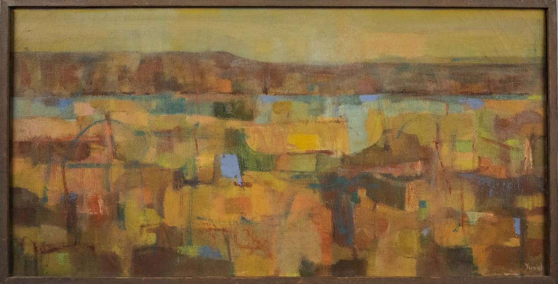 Beverly Blickman Yunich (American, 1920 - 2016): Imaginary Landscape. Oil on canvas, 20th century. Signed lower right and again with the title on the verso. Canvas size 14 x 28 inches. Framed. Notice to bidders: Condition reports and additional phot