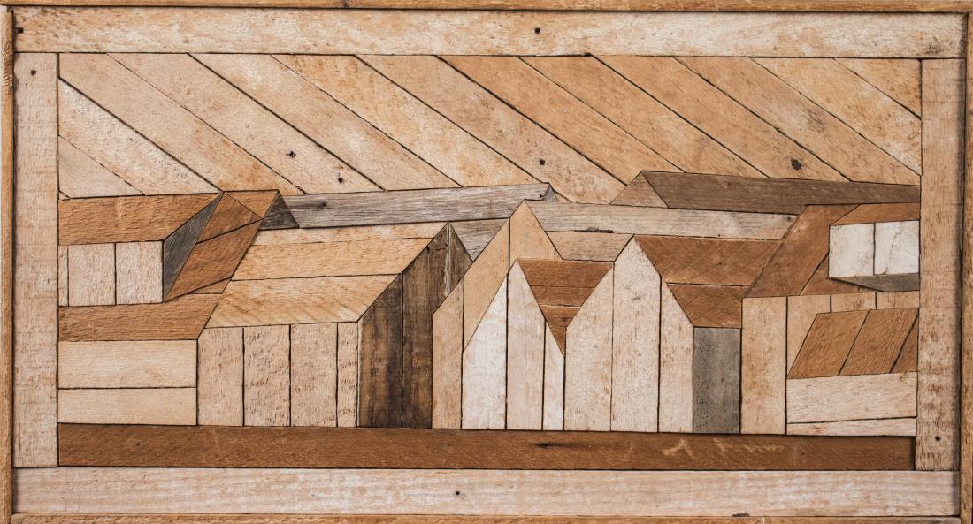 William Smith (American, 20th Century): Wooden houses. Wood, 1978. Signed and titled on the verso. Size 15 x 30.5 inches. Framed. Notice to bidders: Condition reports and additional photographs are provided by request as a courtesy to our c
