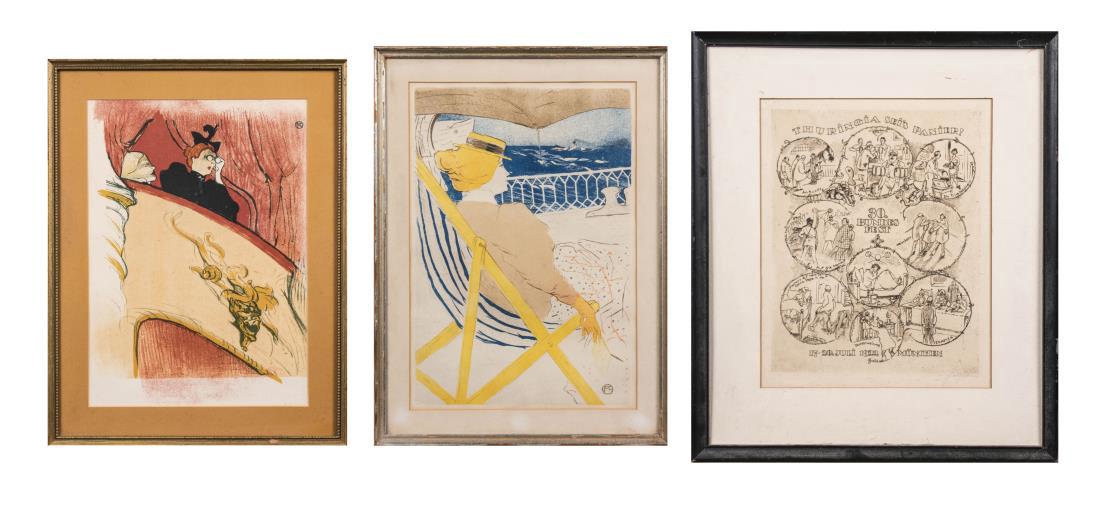 Three Prints, Two After Henri de Toulouse-Lautrec: Includes La Loge Au Mascaron Dore, The Passenger in Cabin 54â€”Cruise, together with another German print. Both Toulouse-Lautrec prints signed in plate. The other print signed illegibly lower rig