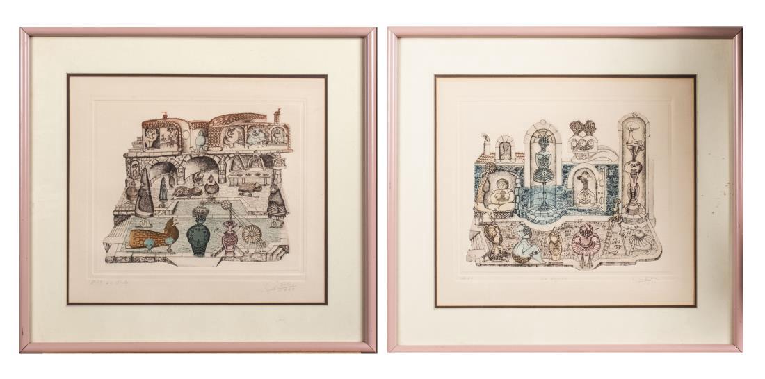 Pair of Etchings by Guillermo Silva: Guillermo Silva (Colombian, b.1921). Two colored etchings, 1969. Signed and dated lower left and inscribed lower left. Sight size 16 x 18 inches. Matted and framed. Notice to bidders: Condition report